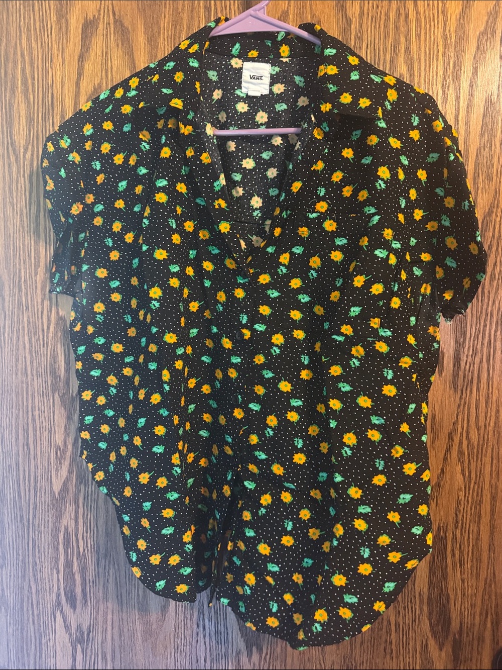 Vans Black Short-Sleeve Shirt with Yellow Flowers and Green Leaves